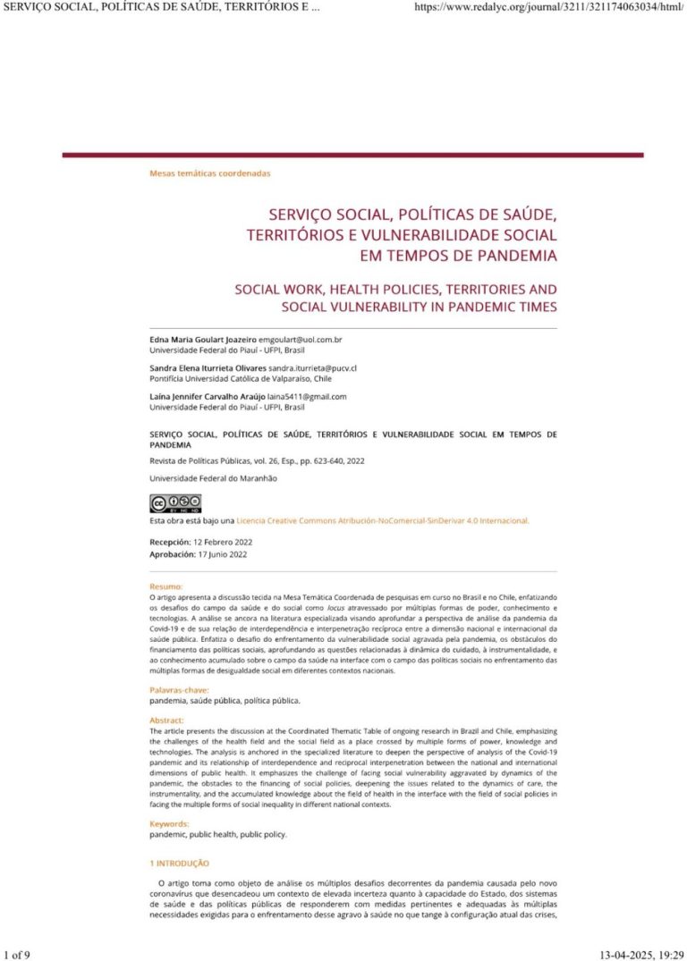 Miniatura de Serviço social, políticas de saúde, territórios e vulnerabilidade social em tempos de pandemia.