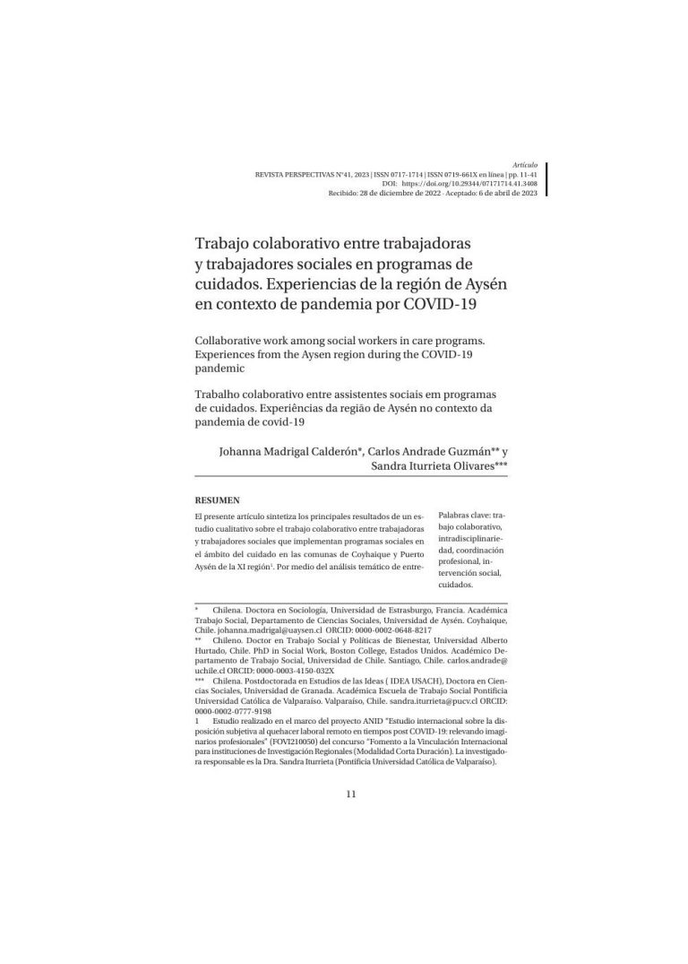 Miniatura de Trabajo colaborativo entre trabajadoras y trabajadores sociales en programas de cuidados. Experiencias de la región de Aysén en contexto de pandemia por COVID-19